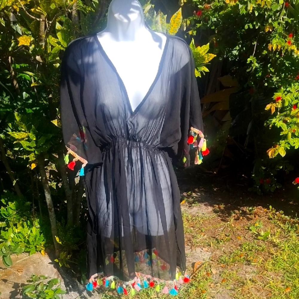 Bijoux Terner Sexy Sheer Black Swimsuit Coverup Medium With Tassel Trim